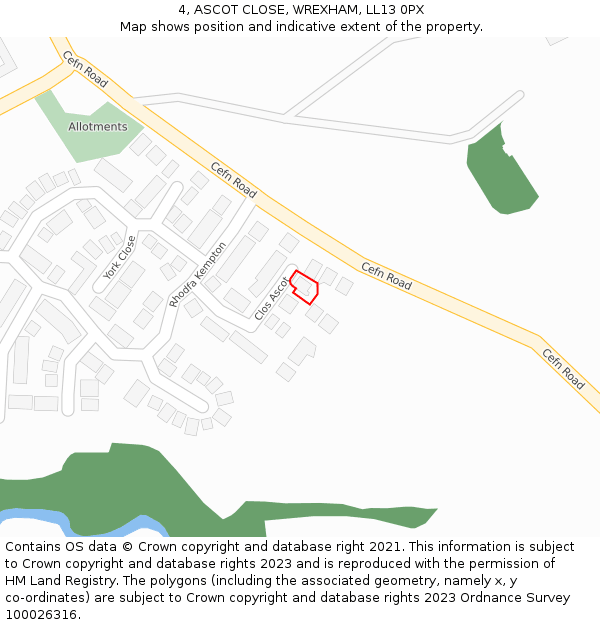 4, ASCOT CLOSE, WREXHAM, LL13 0PX: Location map and indicative extent of plot