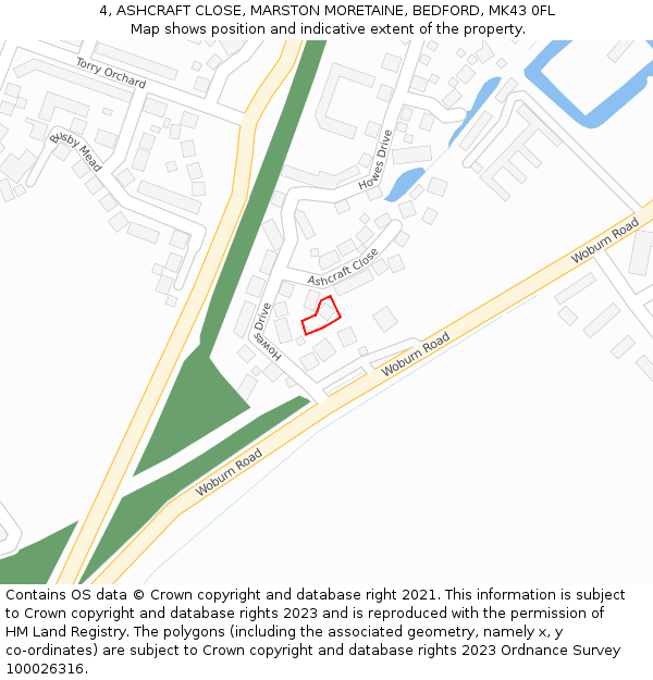 4, ASHCRAFT CLOSE, MARSTON MORETAINE, BEDFORD, MK43 0FL: Location map and indicative extent of plot