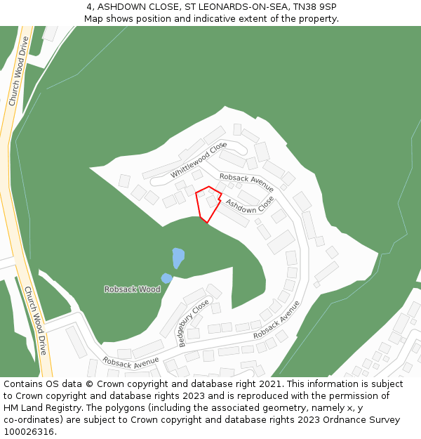 4, ASHDOWN CLOSE, ST LEONARDS-ON-SEA, TN38 9SP: Location map and indicative extent of plot