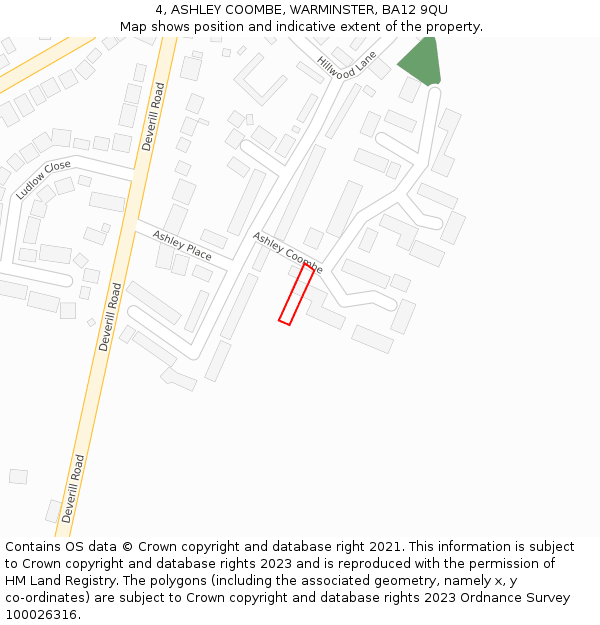 4, ASHLEY COOMBE, WARMINSTER, BA12 9QU: Location map and indicative extent of plot