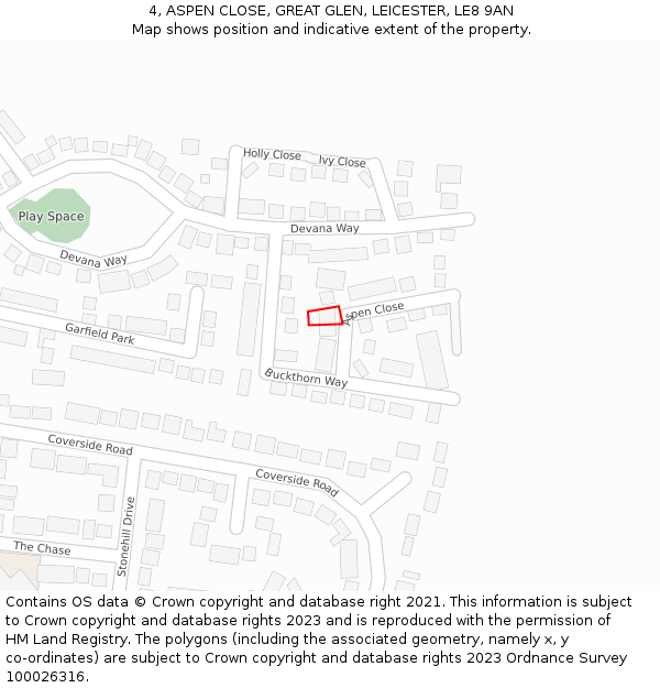 4, ASPEN CLOSE, GREAT GLEN, LEICESTER, LE8 9AN: Location map and indicative extent of plot