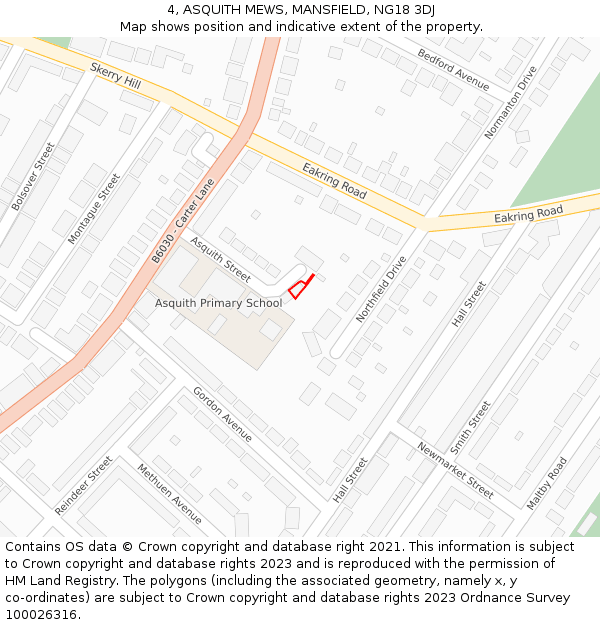 4, ASQUITH MEWS, MANSFIELD, NG18 3DJ: Location map and indicative extent of plot