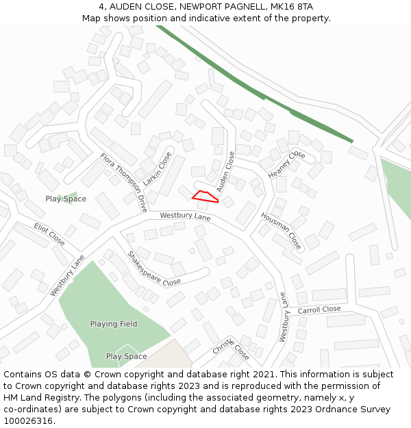 4, AUDEN CLOSE, NEWPORT PAGNELL, MK16 8TA: Location map and indicative extent of plot