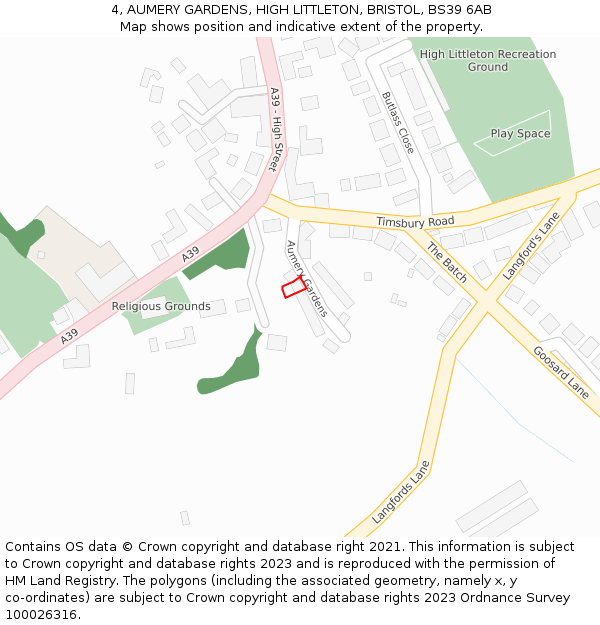 4, AUMERY GARDENS, HIGH LITTLETON, BRISTOL, BS39 6AB: Location map and indicative extent of plot