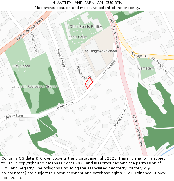 4, AVELEY LANE, FARNHAM, GU9 8PN: Location map and indicative extent of plot