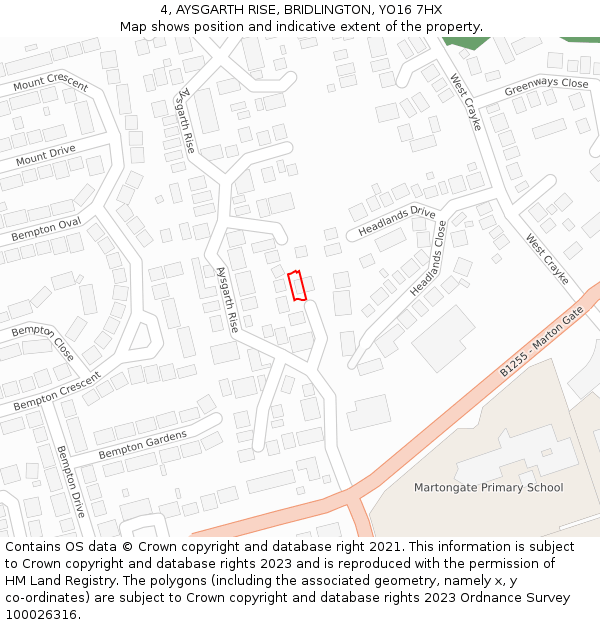 4, AYSGARTH RISE, BRIDLINGTON, YO16 7HX: Location map and indicative extent of plot