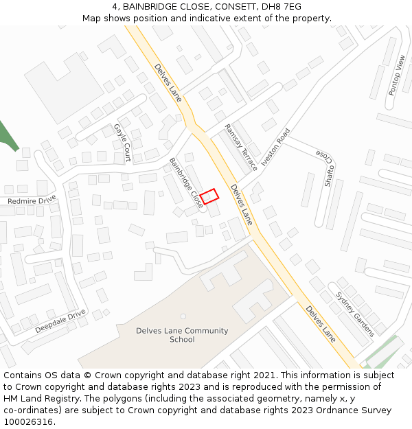4, BAINBRIDGE CLOSE, CONSETT, DH8 7EG: Location map and indicative extent of plot