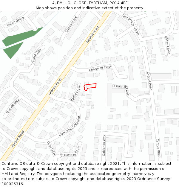 4, BALLIOL CLOSE, FAREHAM, PO14 4RF: Location map and indicative extent of plot