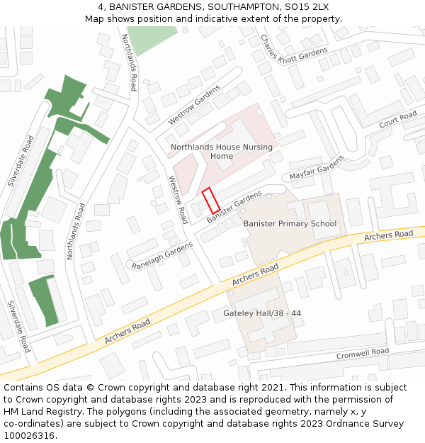 4, BANISTER GARDENS, SOUTHAMPTON, SO15 2LX: Location map and indicative extent of plot