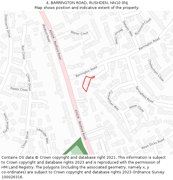 4, BARRINGTON ROAD, RUSHDEN, NN10 0NJ: Location map and indicative extent of plot