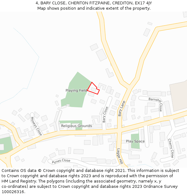 4, BARY CLOSE, CHERITON FITZPAINE, CREDITON, EX17 4JY: Location map and indicative extent of plot
