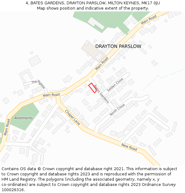 4, BATES GARDENS, DRAYTON PARSLOW, MILTON KEYNES, MK17 0JU: Location map and indicative extent of plot