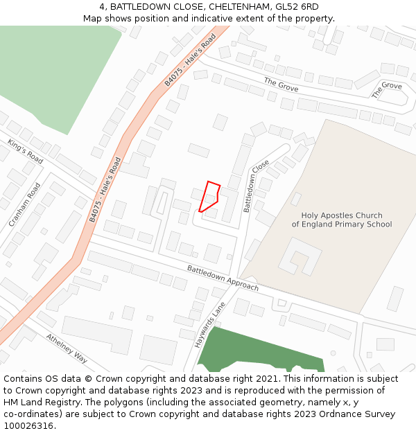 4, BATTLEDOWN CLOSE, CHELTENHAM, GL52 6RD: Location map and indicative extent of plot