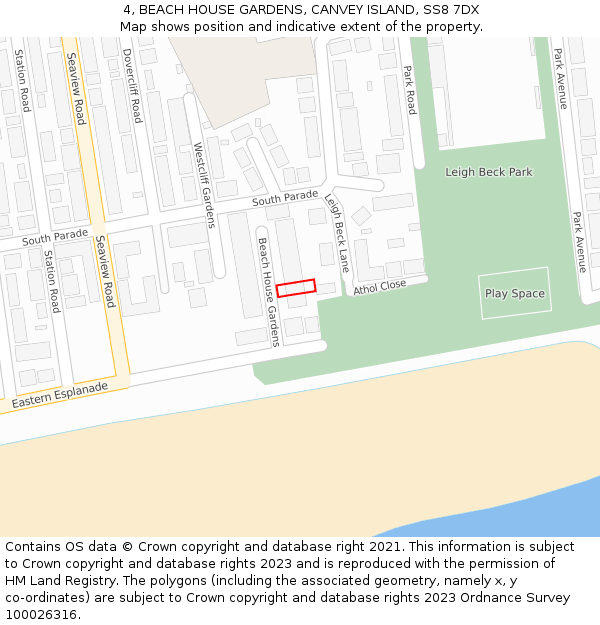 4, BEACH HOUSE GARDENS, CANVEY ISLAND, SS8 7DX: Location map and indicative extent of plot