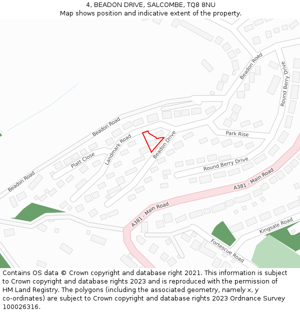 4, BEADON DRIVE, SALCOMBE, TQ8 8NU: Location map and indicative extent of plot
