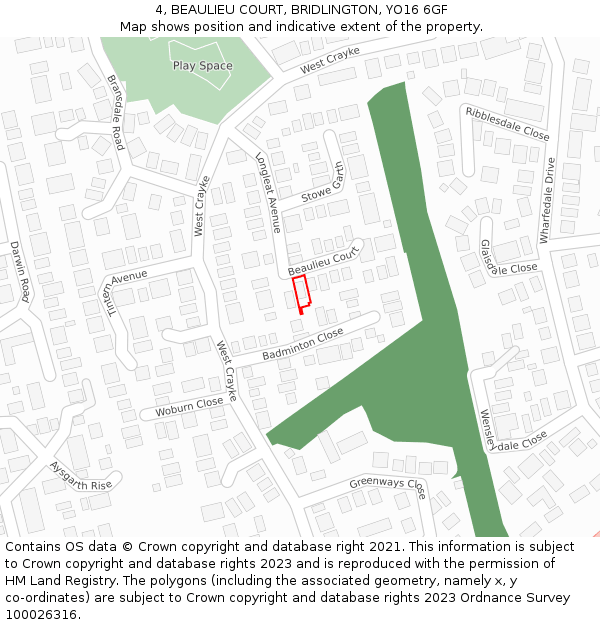 4, BEAULIEU COURT, BRIDLINGTON, YO16 6GF: Location map and indicative extent of plot