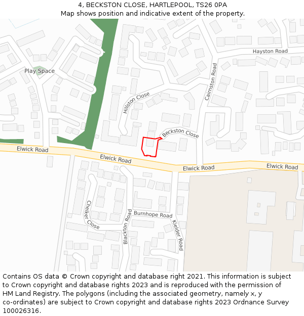 4, BECKSTON CLOSE, HARTLEPOOL, TS26 0PA: Location map and indicative extent of plot