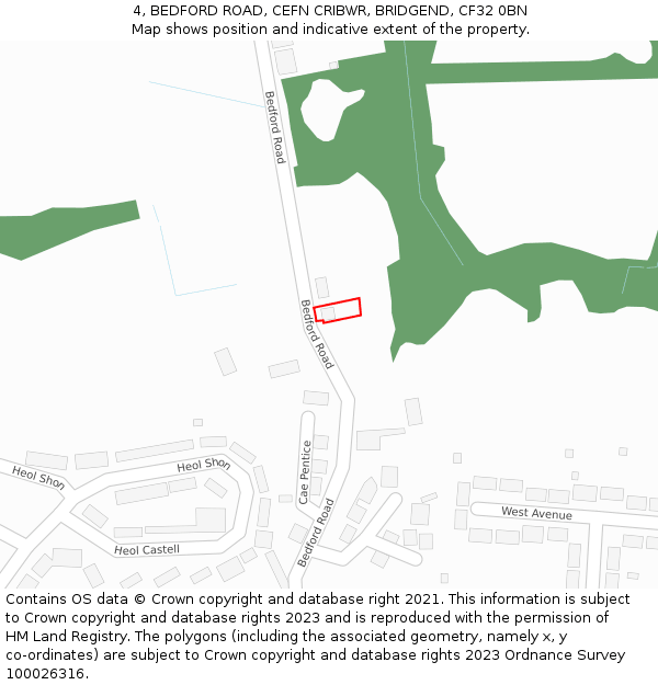 4, BEDFORD ROAD, CEFN CRIBWR, BRIDGEND, CF32 0BN: Location map and indicative extent of plot
