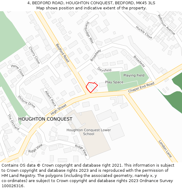 4, BEDFORD ROAD, HOUGHTON CONQUEST, BEDFORD, MK45 3LS: Location map and indicative extent of plot