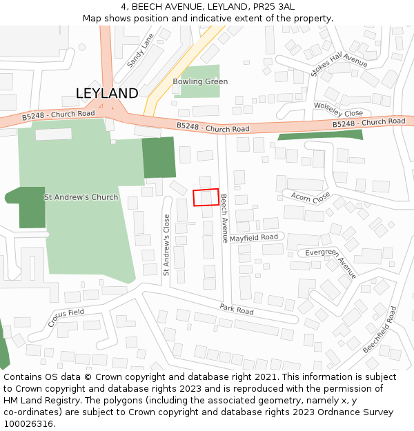 4, BEECH AVENUE, LEYLAND, PR25 3AL: Location map and indicative extent of plot