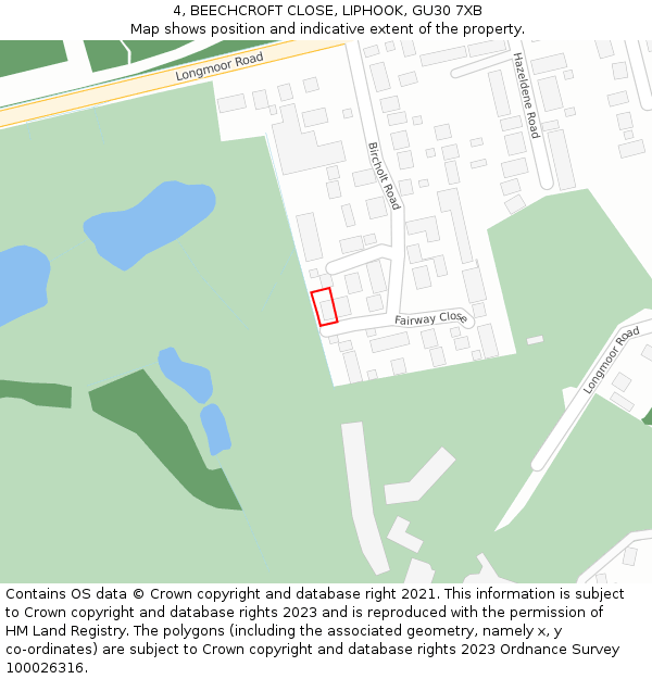 4, BEECHCROFT CLOSE, LIPHOOK, GU30 7XB: Location map and indicative extent of plot