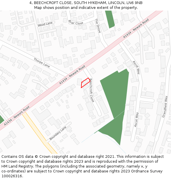 4, BEECHCROFT CLOSE, SOUTH HYKEHAM, LINCOLN, LN6 9NB: Location map and indicative extent of plot