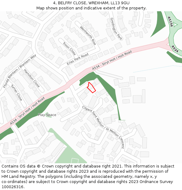 4, BELFRY CLOSE, WREXHAM, LL13 9GU: Location map and indicative extent of plot