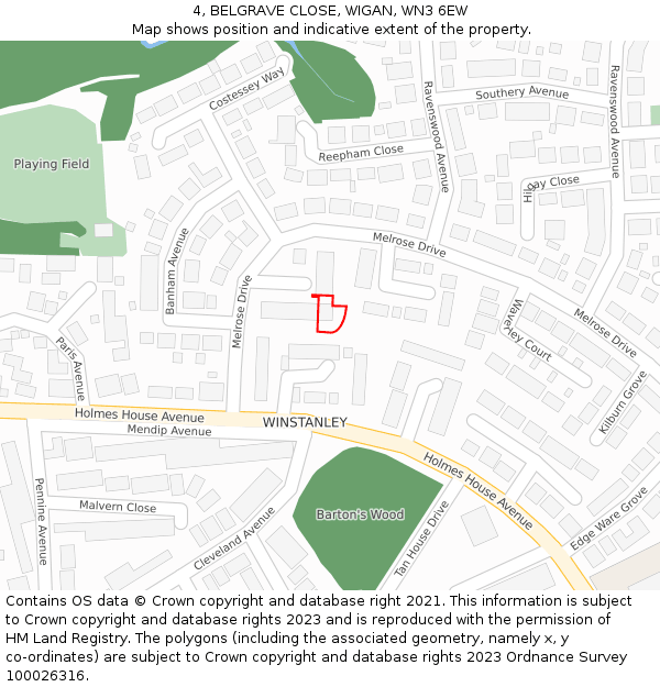 4, BELGRAVE CLOSE, WIGAN, WN3 6EW: Location map and indicative extent of plot