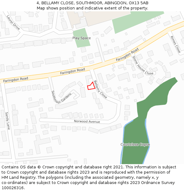 4, BELLAMY CLOSE, SOUTHMOOR, ABINGDON, OX13 5AB: Location map and indicative extent of plot