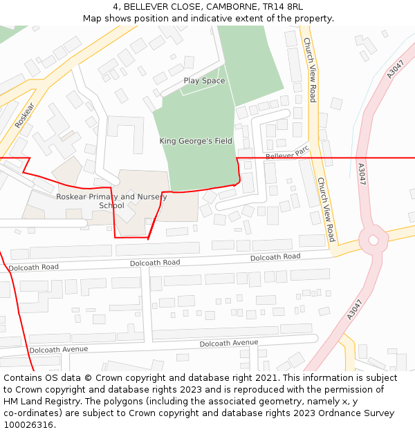 4, BELLEVER CLOSE, CAMBORNE, TR14 8RL: Location map and indicative extent of plot