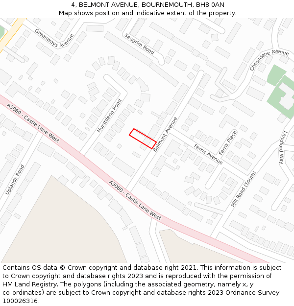4, BELMONT AVENUE, BOURNEMOUTH, BH8 0AN: Location map and indicative extent of plot