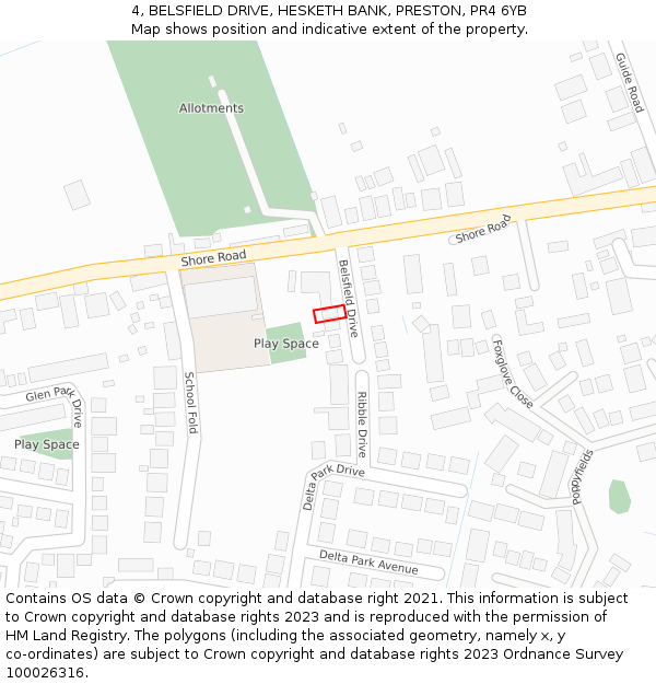 4, BELSFIELD DRIVE, HESKETH BANK, PRESTON, PR4 6YB: Location map and indicative extent of plot