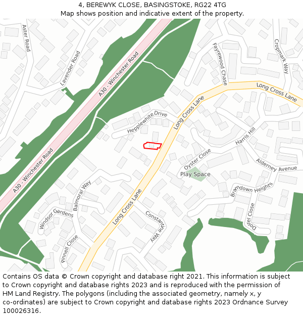 4, BEREWYK CLOSE, BASINGSTOKE, RG22 4TG: Location map and indicative extent of plot