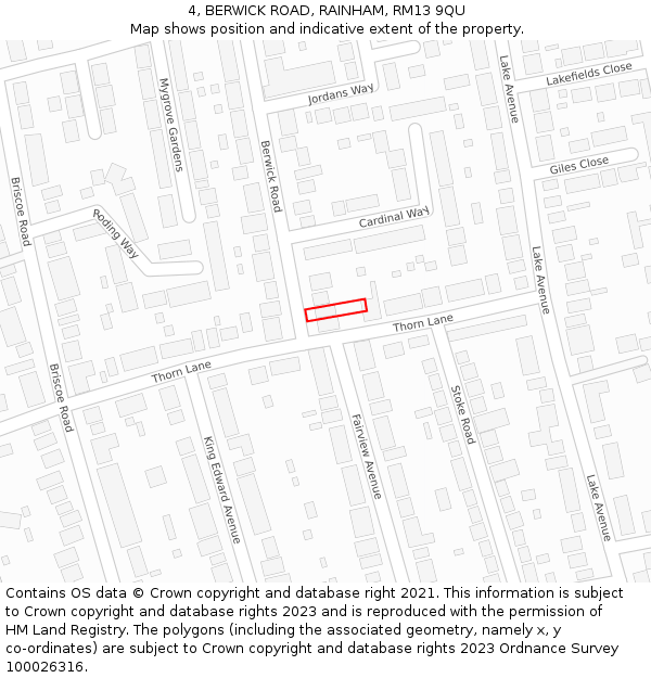 4, BERWICK ROAD, RAINHAM, RM13 9QU: Location map and indicative extent of plot