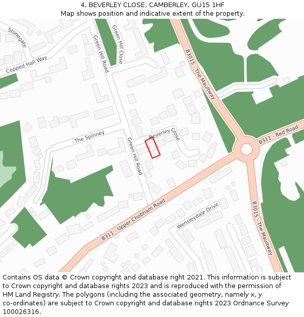 4, BEVERLEY CLOSE, CAMBERLEY, GU15 1HF: Location map and indicative extent of plot