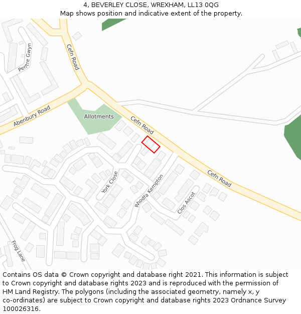 4, BEVERLEY CLOSE, WREXHAM, LL13 0QG: Location map and indicative extent of plot