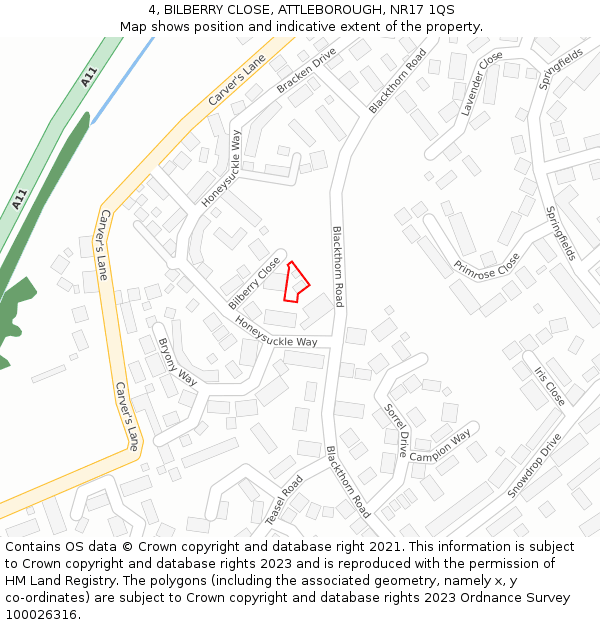 4, BILBERRY CLOSE, ATTLEBOROUGH, NR17 1QS: Location map and indicative extent of plot