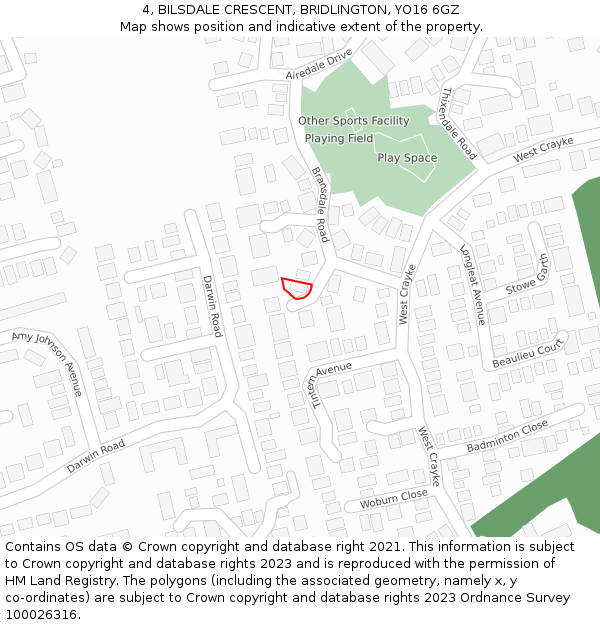 4, BILSDALE CRESCENT, BRIDLINGTON, YO16 6GZ: Location map and indicative extent of plot