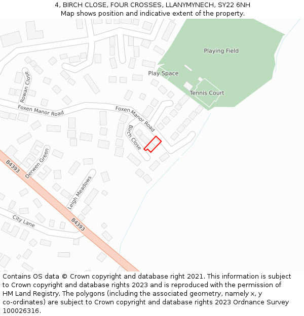 4, BIRCH CLOSE, FOUR CROSSES, LLANYMYNECH, SY22 6NH: Location map and indicative extent of plot