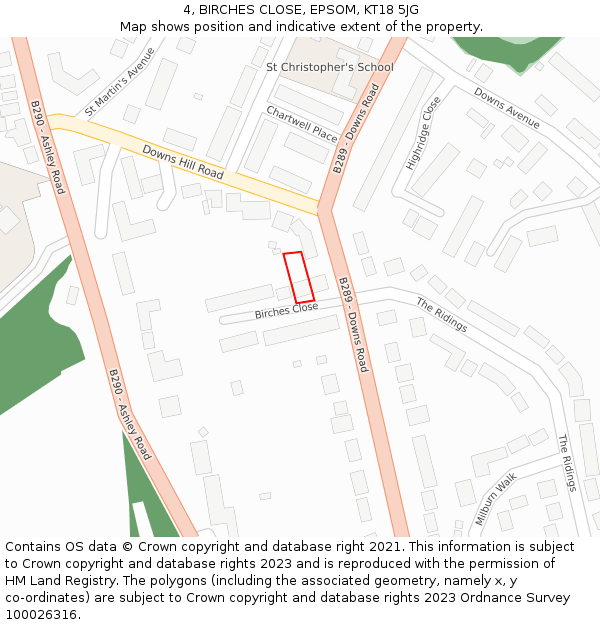 4, BIRCHES CLOSE, EPSOM, KT18 5JG: Location map and indicative extent of plot