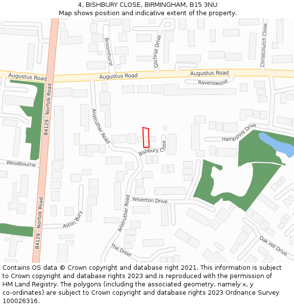 4, BISHBURY CLOSE, BIRMINGHAM, B15 3NU: Location map and indicative extent of plot