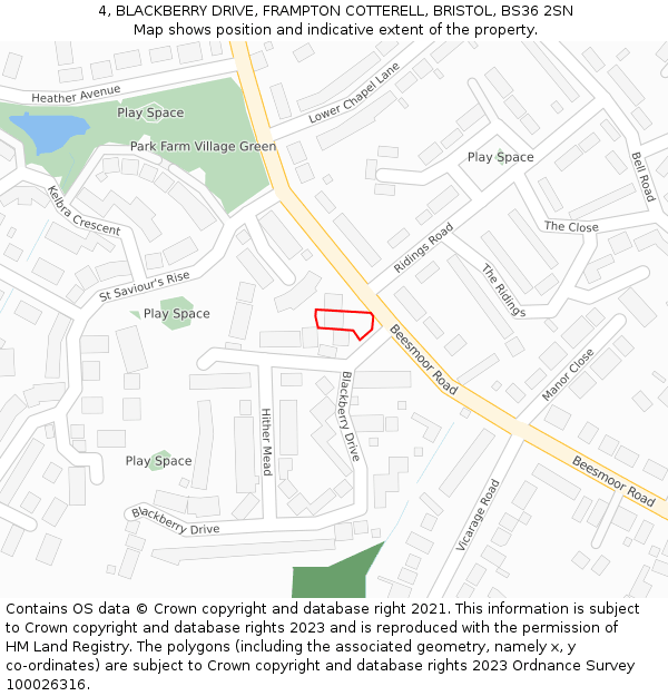 4, BLACKBERRY DRIVE, FRAMPTON COTTERELL, BRISTOL, BS36 2SN: Location map and indicative extent of plot