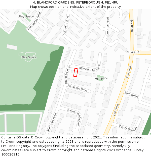 4, BLANDFORD GARDENS, PETERBOROUGH, PE1 4RU: Location map and indicative extent of plot
