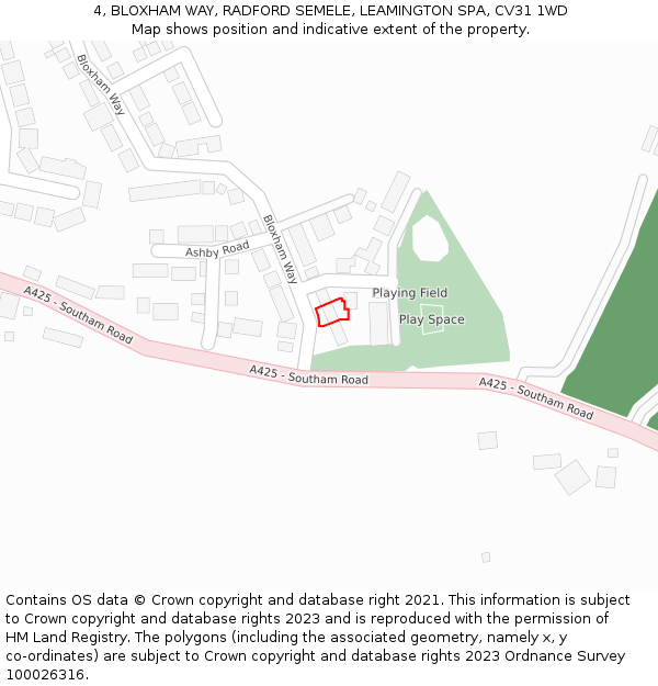 4, BLOXHAM WAY, RADFORD SEMELE, LEAMINGTON SPA, CV31 1WD: Location map and indicative extent of plot