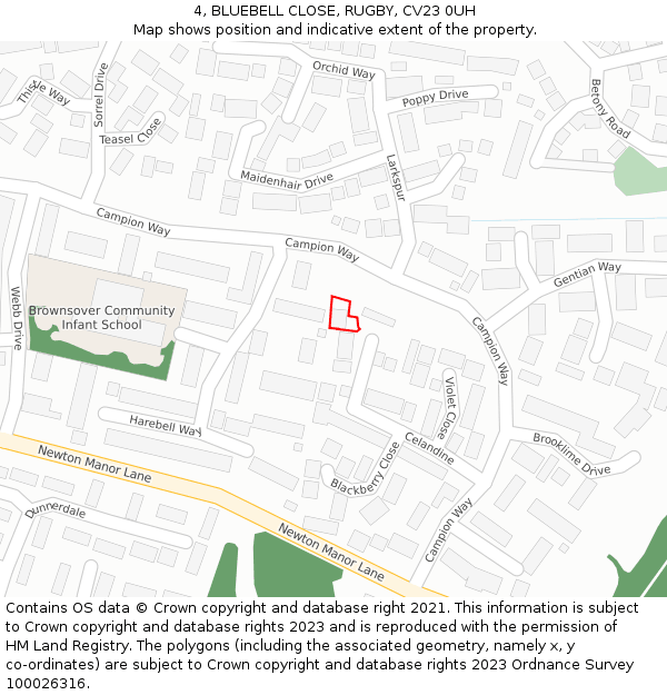 4, BLUEBELL CLOSE, RUGBY, CV23 0UH: Location map and indicative extent of plot