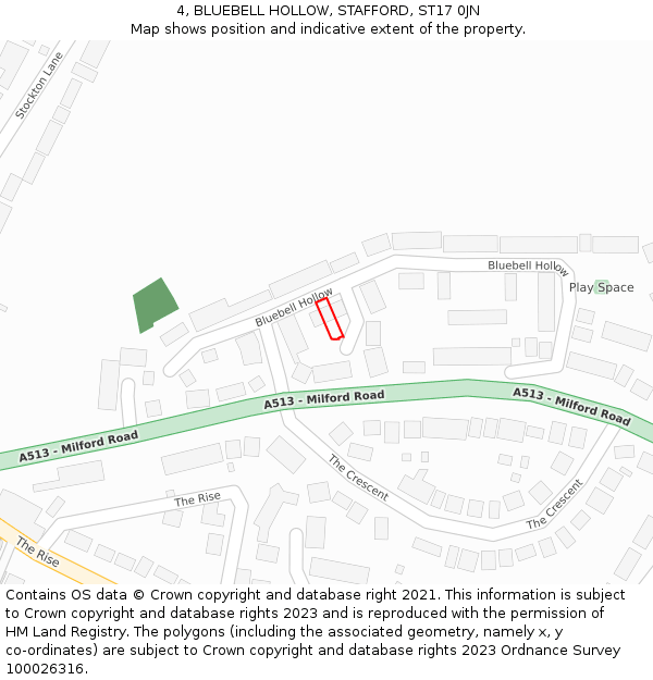 4, BLUEBELL HOLLOW, STAFFORD, ST17 0JN: Location map and indicative extent of plot