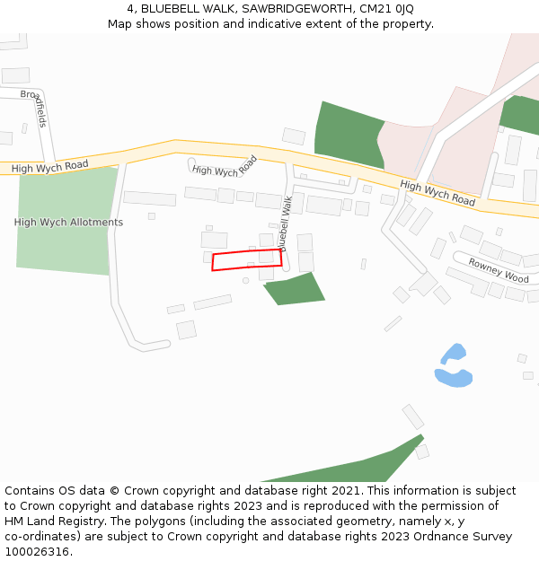 4, BLUEBELL WALK, SAWBRIDGEWORTH, CM21 0JQ: Location map and indicative extent of plot