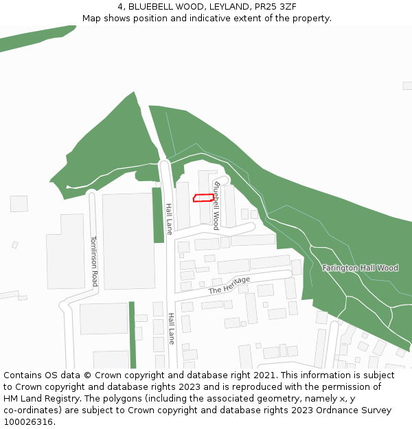 4, BLUEBELL WOOD, LEYLAND, PR25 3ZF: Location map and indicative extent of plot