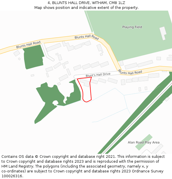 4, BLUNTS HALL DRIVE, WITHAM, CM8 1LZ: Location map and indicative extent of plot