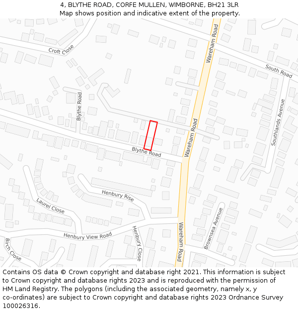 4, BLYTHE ROAD, CORFE MULLEN, WIMBORNE, BH21 3LR: Location map and indicative extent of plot